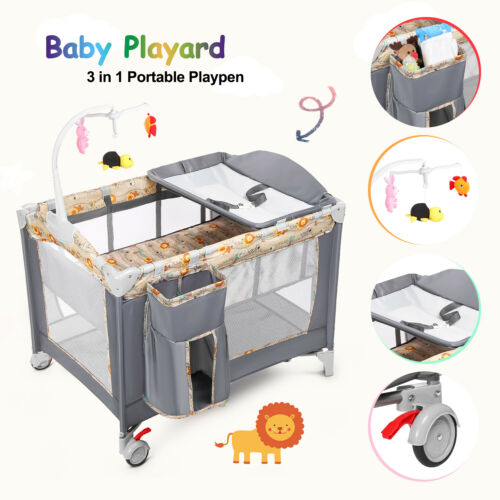 3 In 1 Baby Playard Playpen Foldable Bassinet Bed W/ Music Box Whirling Toys